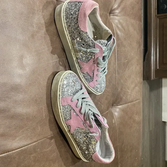 Golden goose silver sparkle sneakers with pink shade stars size 10 pre owned
